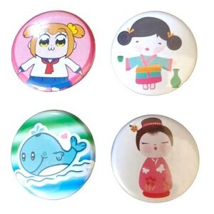 Handmade Button Pins Character Novelty Cute Asian Animal Design Lot of 4